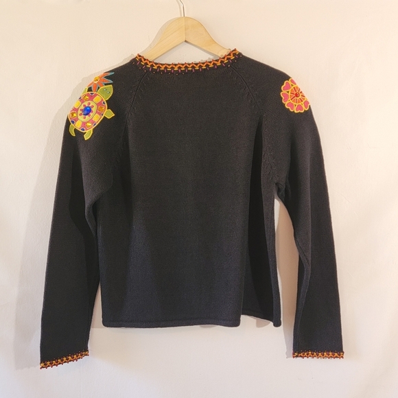 VTG 90's ARRIVISTE 3-D Knit Mix Media Full-Zip Sweater S Floral Birds Horse Cat - Picture 2 of 12